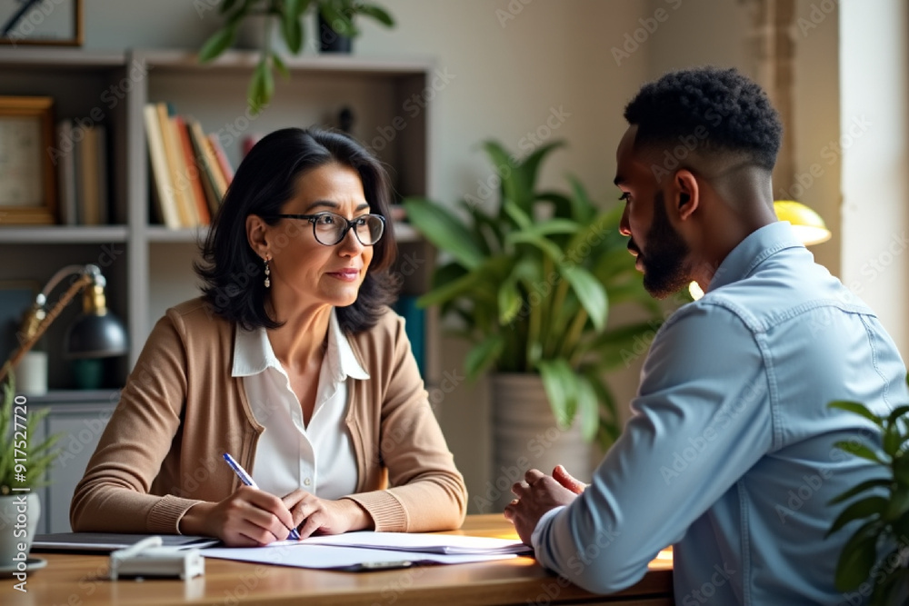 Colleagues, coworkers, talking or conducting an interview in a calming and casual office, Generative AI. Colleagues, coworkers, talking or conducting an interview in a calming and casual office, Generative AI.