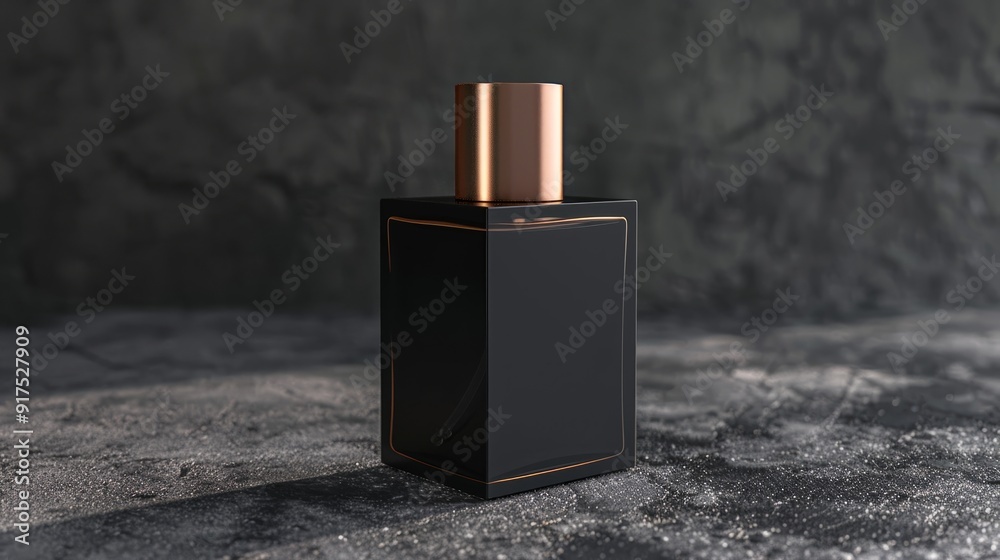Black perfume bottle with golden cap on a dark textured surface. Black perfume bottle with golden cap on a dark textured surface.