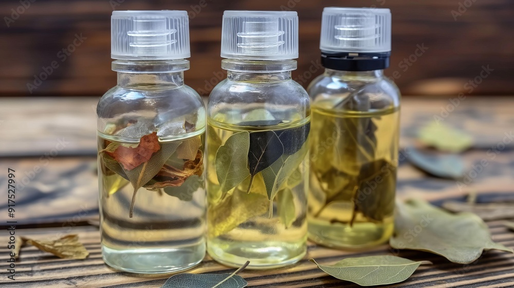 Three bottles of essential oil with bay leaves. The bottles are on a wooden table with dried bay leaves scattered around. Three bottles of essential oil with bay leaves. The bottles are on a wooden table with dried bay leaves scattered around.