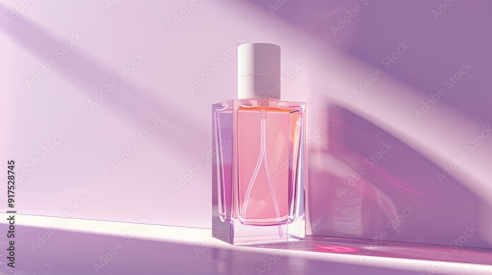 Pink perfume bottle on a purple background with light and shadow. Pink perfume bottle on a purple background with light and shadow.