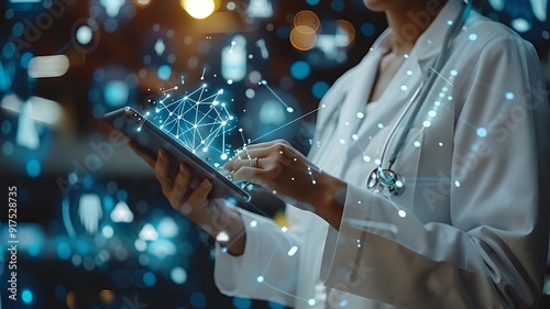 medicine doctor touching electronic medical record on DNA artificial intelegent