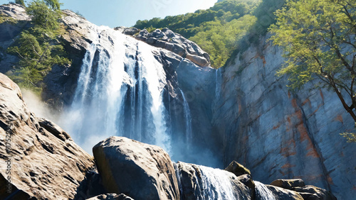 Waterfall flows from the top of steep mountain rocks against a clear sky in the background, widescreen 16:9, 300 dpi, with space for text photo