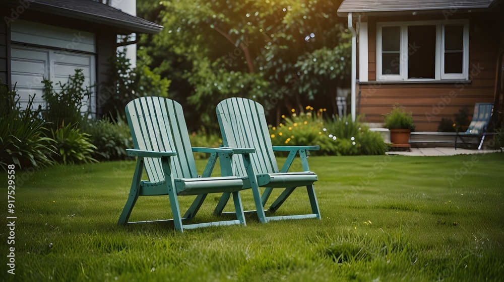 Two summer chairs on a green grass lawn on the backyard. Generative AI Two summer chairs on a green grass lawn on the backyard. Generative AI