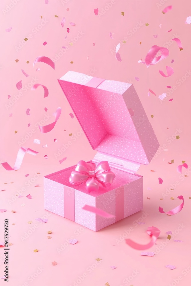 Surprise gift box 3d pink background abstract with open present Christmas pastel ribbon for birthday party, new love Valentine's Day or Mother's Day. stock photo -