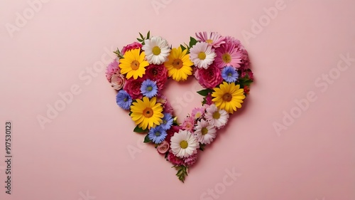 Top view arrangement of colorful flowers with heart shape placed on pink background. Generative AI 