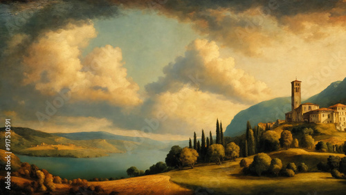 Landscape through the seasons in renaissance painting style, widescreen 16:9, 300 dpi, with space for text