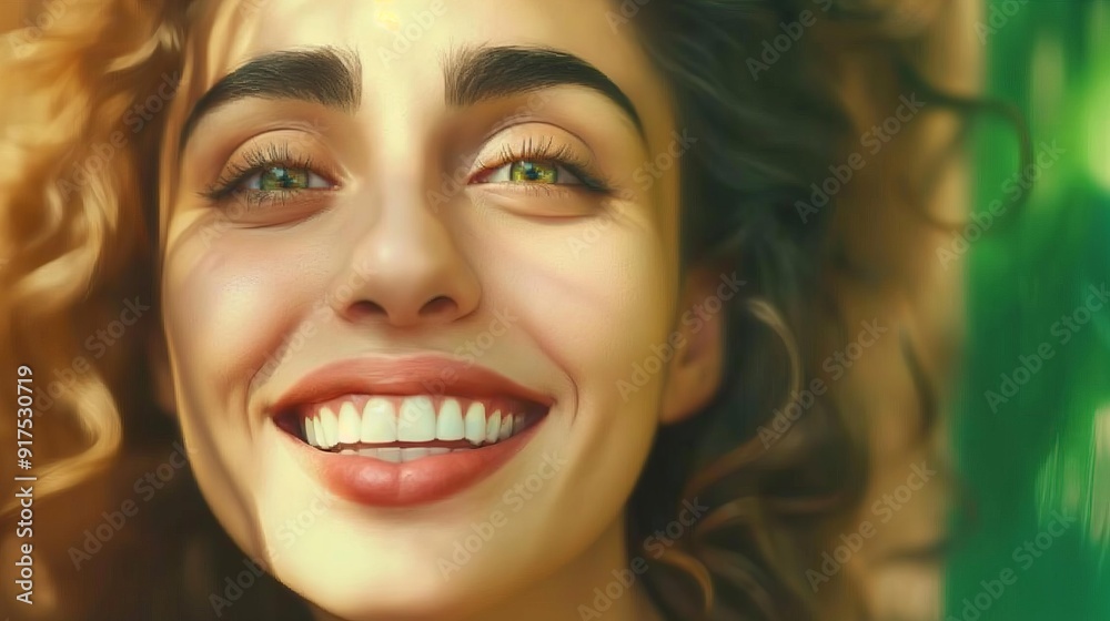 A young woman with curly hair smiles brightly, her green eyes sparkling with joy. A young woman with curly hair smiles brightly, her green eyes sparkling with joy.