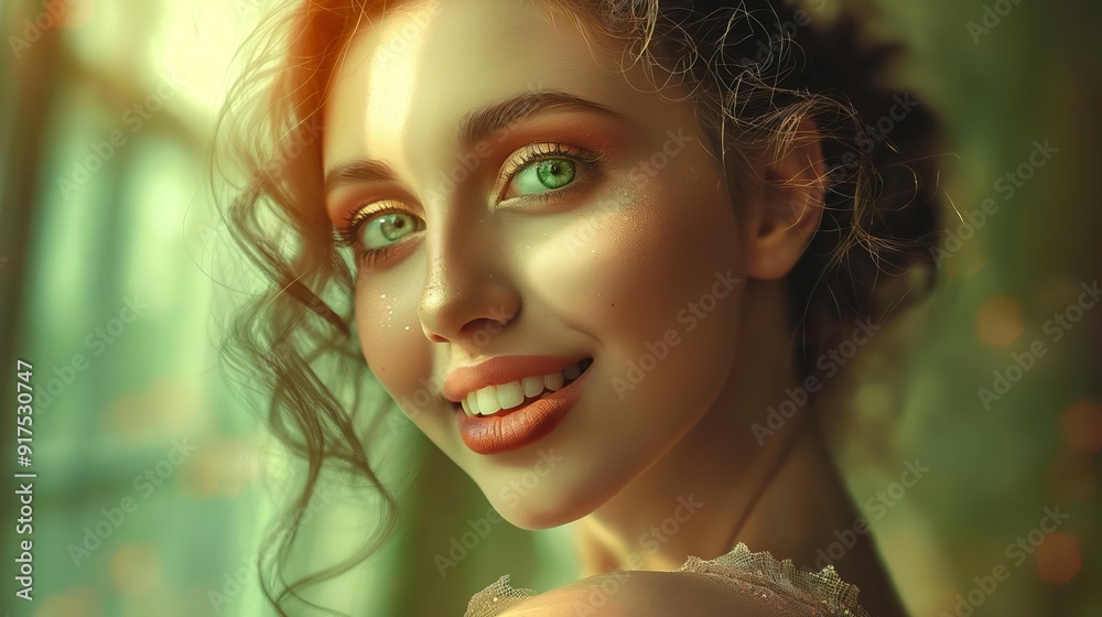 A young woman with green eyes smiles brightly, bathed in warm sunlight. A young woman with green eyes smiles brightly, bathed in warm sunlight.