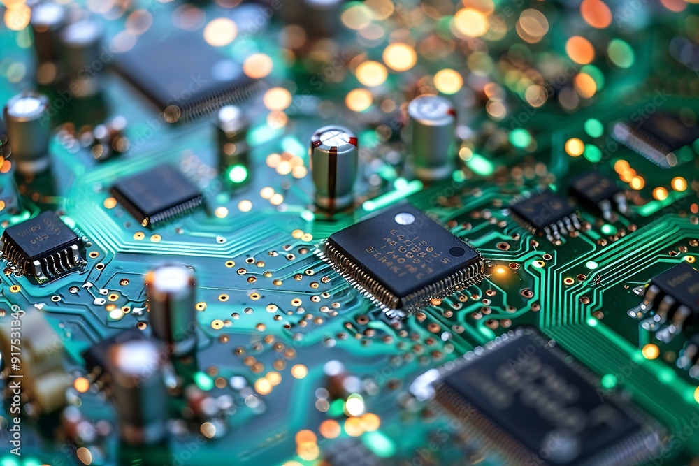 Obraz premium Close-up of electronic circuit board with microchips and electronic components