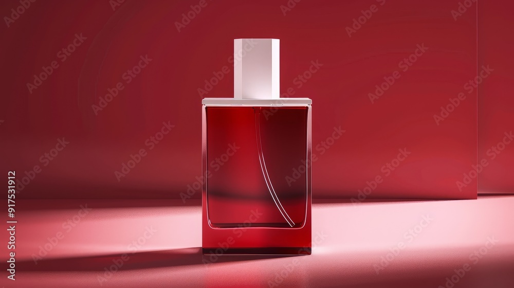 Square glass bottle of perfume with a white cap on a red and pink background. Square glass bottle of perfume with a white cap on a red and pink background.
