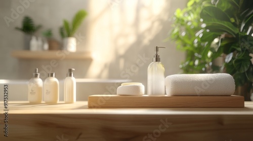  Wooden podium for bathing and spa products in defocused bathroom stock photo