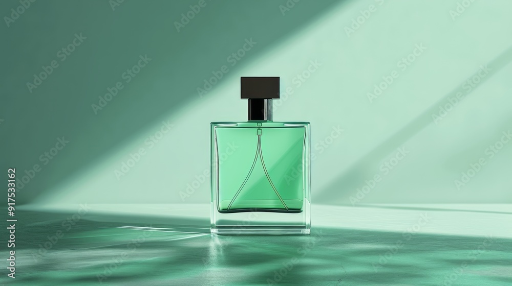 A single, square, glass bottle of perfume with a dark green liquid sits on a light green surface. A single, square, glass bottle of perfume with a dark green liquid sits on a light green surface.