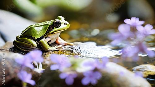 A green frog on a small rock by a brook with purple flowers in the foreground, widescreen 16:9, 300 dpi, with space for text photo