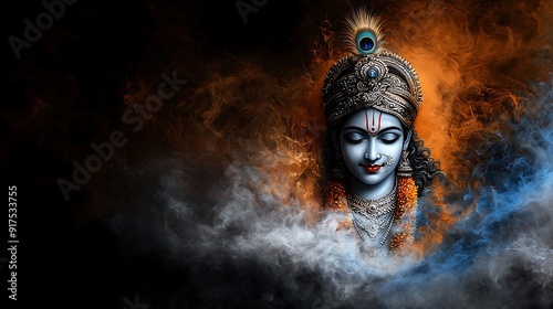 Artistic depiction of Lord Krishna in his avatar as the divine teacher, delivering the Bhagavad Gita, symbolic of wisdom and guidance, classical art style, copy space for text,