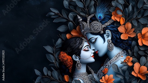 Divine scene of Lord Krishna and Radha, their love depicted through intricate details and soft colors, classical Indian art, cultural symbolism, copy space for text,