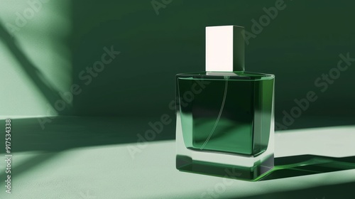 Green Glass Perfume Bottle on a Green Background.