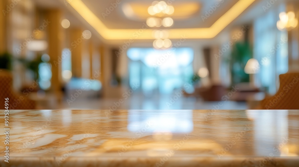 Empty hotel lobby table top with blurred hotel background Empty hotel lobby table top with blurred hotel background
