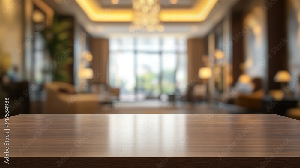 Empty hotel lobby table top with blurred hotel background Empty hotel lobby table top with blurred hotel background