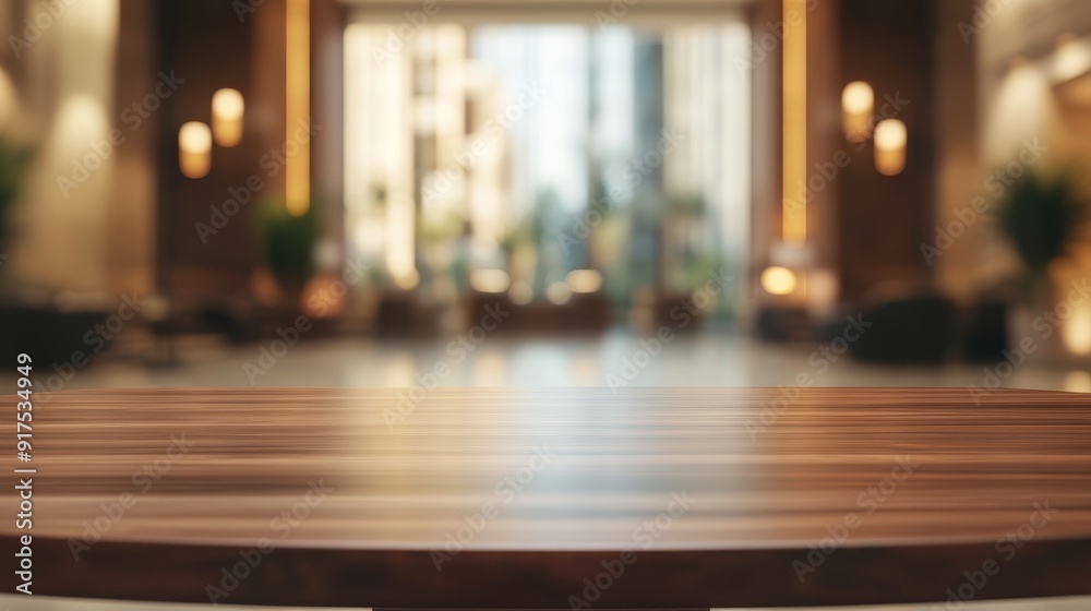 Empty hotel lobby table top with blurred hotel background Empty hotel lobby table top with blurred hotel background