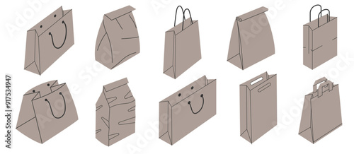 Set of paper shopping bags with handles of different sizes and shapes, Shopping, mall, purchase. Vector illustration