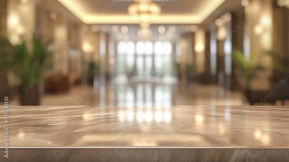 Empty hotel lobby table top with blurred hotel background Empty hotel lobby table top with blurred hotel background