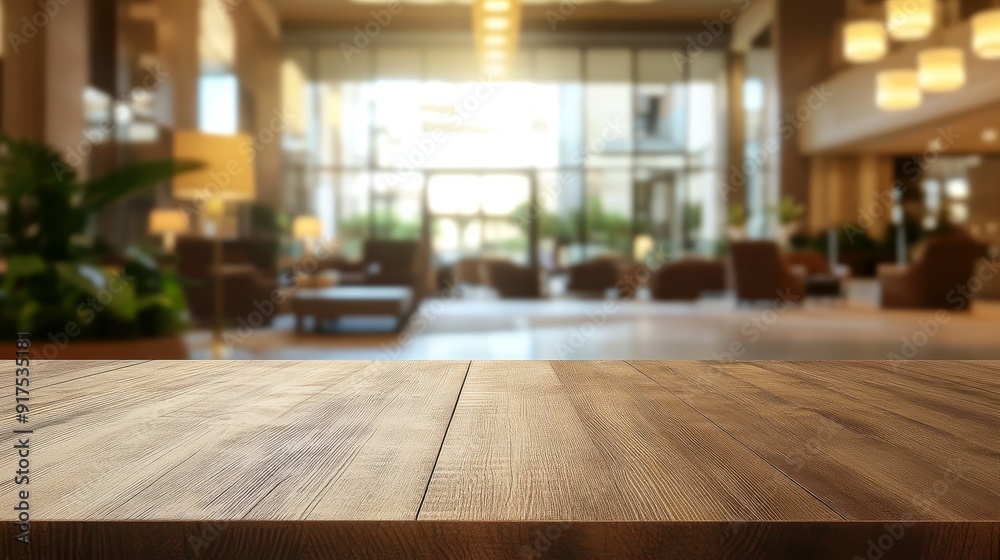 Empty hotel lobby table top with blurred hotel background Empty hotel lobby table top with blurred hotel background