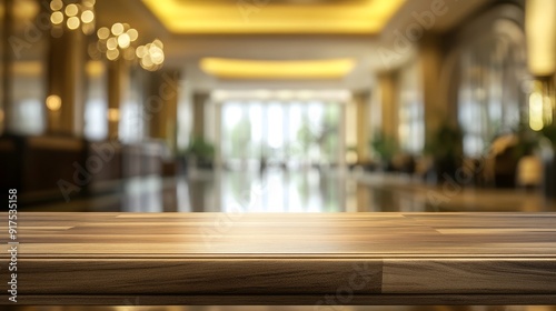 Empty hotel lobby table top with blurred hotel background