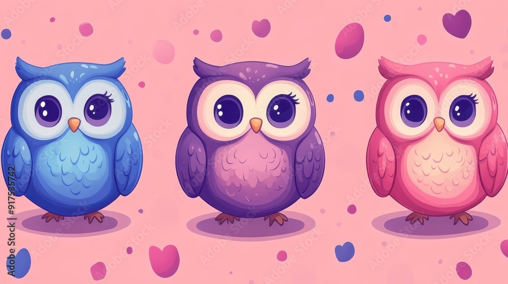 Obraz premium Cute Cartoon Owls in Blue, Purple, and Pink on a Pink Background with Hearts and Dots
