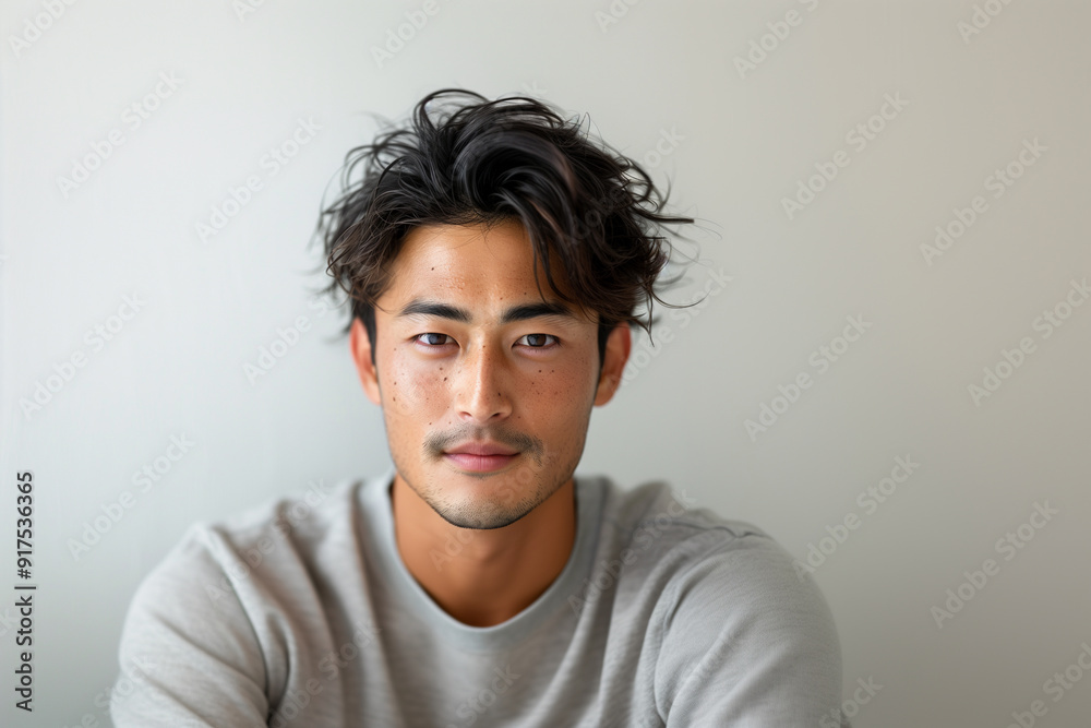 Obraz premium Close-up of a thoughtful young trans masculine Asian man with tousled hair, wearing a light gray shirt, showcasing a natural and relaxed look against a soft, neutral background.