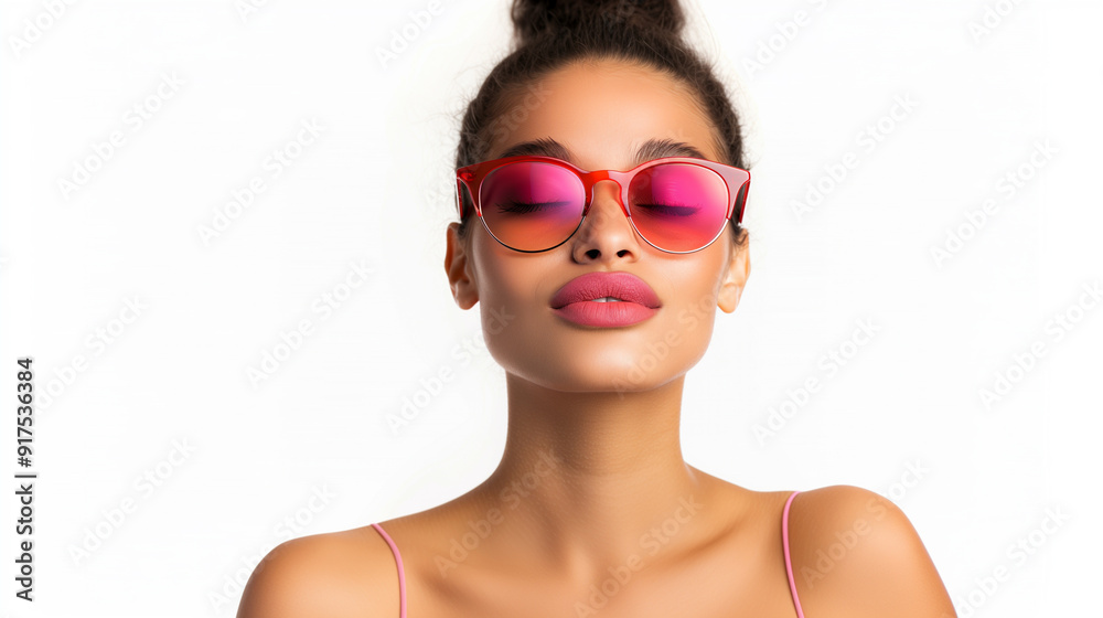 A fashionable woman wearing red sunglasses with vibrant pink lenses, exuding confidence and boldness. The cat-eye frame adds a vintage touch to her modern look. A fashionable woman wearing red sunglasses with vibrant pink lenses, exuding confidence and boldness. The cat-eye frame adds a vintage touch to her modern look.