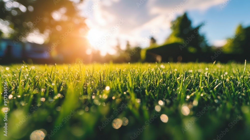 Close-Up View of Dew-Covered Grass in Morning Sun Close-Up View of Dew-Covered Grass in Morning Sun