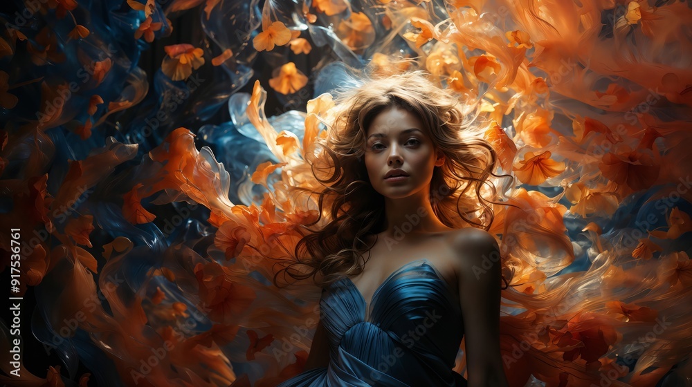 Elegant Woman in Flowing Dress Surrounded by Abstract Floral Elements Elegant Woman in Flowing Dress Surrounded by Abstract Floral Elements