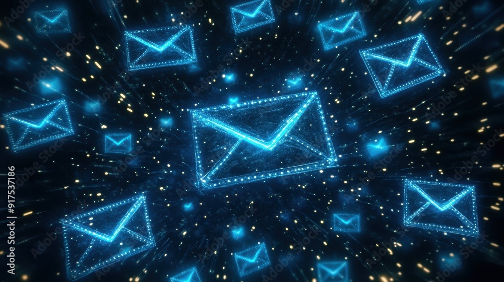 Futuristic Digital Email Icons Floating in Cyberspace with Glowing Blue Effects and Sparkling Particles Futuristic Digital Email Icons Floating in Cyberspace with Glowing Blue Effects and Sparkling Particles
