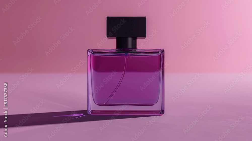 A single square bottle of purple perfume sits on a pink surface. A single square bottle of purple perfume sits on a pink surface.