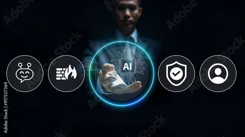 Artificial intelligence AI security. Cyber security concept. Protecting networks, systems, and programs from digital attacks. photo