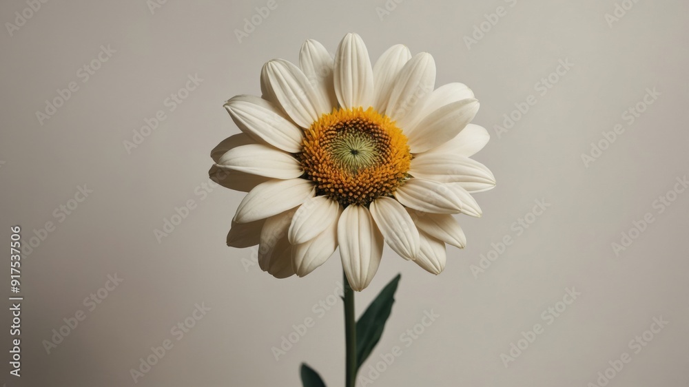 Minimalist close-up of a single white daisy with yellow center, isolated against a neutral background, highlighting its simplicity and natural beauty.
Minimalist close-up of a single white daisy with yellow center, isolated against a neutral background, highlighting its simplicity and natural beauty.