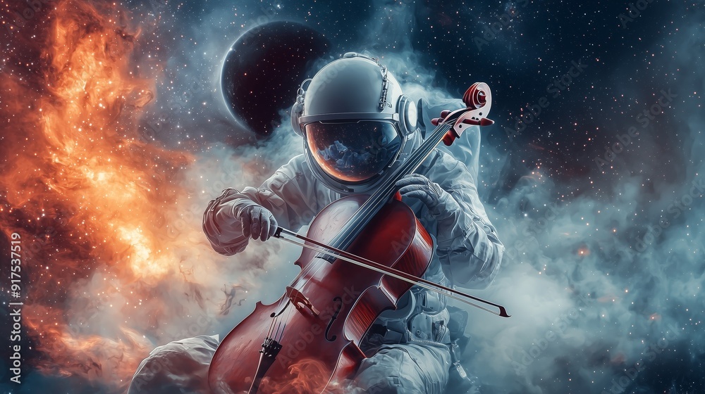 Fototapeta premium A photo of a scientist contemplative in a spacesuit playing a cello with a black hole behind, isolated on a light interstellar dust background