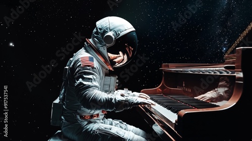 A photo of a programmer focused in a spacesuit playing a piano, isolated on a dark starlight black background photo