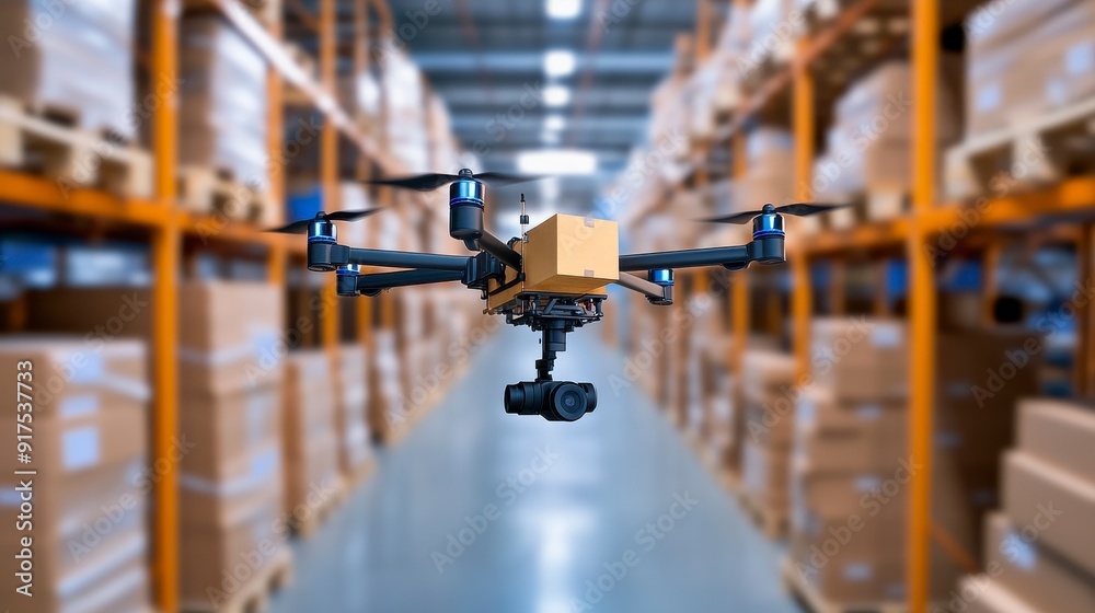 Drone Technology in Warehouse, Autonomous drone delivering packages in industrial storage, Logistics Innovation. Drone Technology in Warehouse, Autonomous drone delivering packages in industrial storage, Logistics Innovation.