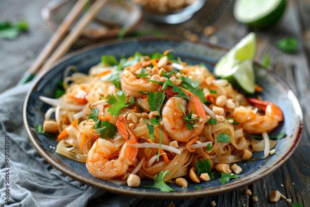 A plate of pad Thai noodles with shrimp, peanuts, and lime wedges A plate of pad Thai noodles with shrimp, peanuts, and lime wedges