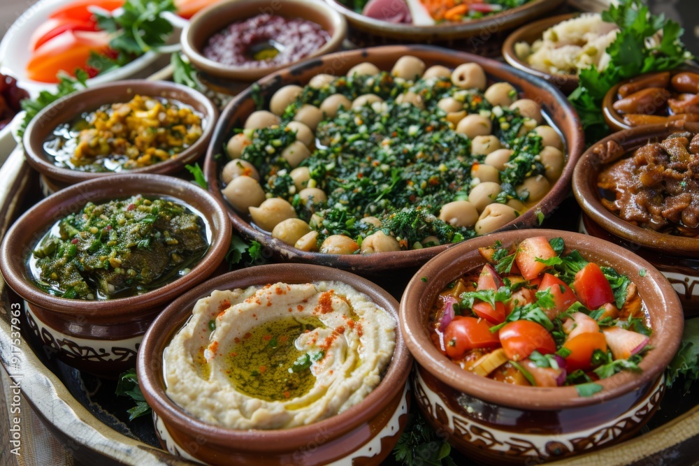 Meze: An assortment of meze dishes including hummus, baba ghanoush, and dolma Meze: An assortment of meze dishes including hummus, baba ghanoush, and dolma