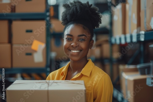 Happy young black female Handling shipping and logistics in startup company office photo