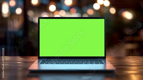 Slow optical zoom into a laptop computer screen with green chromakey