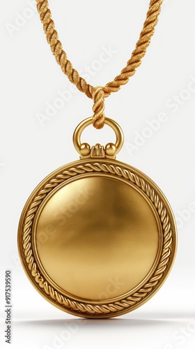 golden medal with a large and long fabric cord on a white blank background