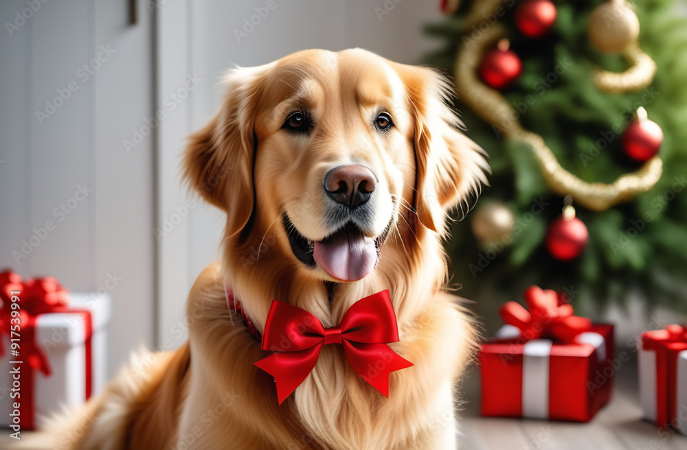 Cute retriever with a red bow with Christmas gifts on a light background. Stylish Christmas concept and gift preparation, Cute retriever with a red bow with Christmas gifts on a light background. Stylish Christmas concept and gift preparation,