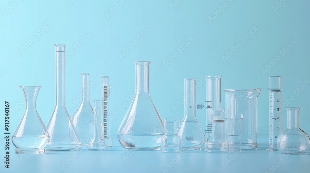 Assortment of Laboratory Glassware on Blue Background Assortment of Laboratory Glassware on Blue Background