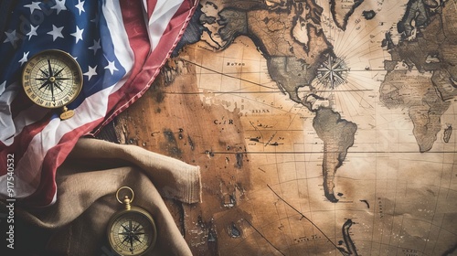 American flag, compass, and rope on treasure map on the table for Colombus Day