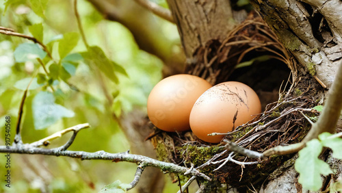 Lovely eggs of robin lie quietly in the nest built in a tree, widescreen 16:9, 300 dpi, with space for text