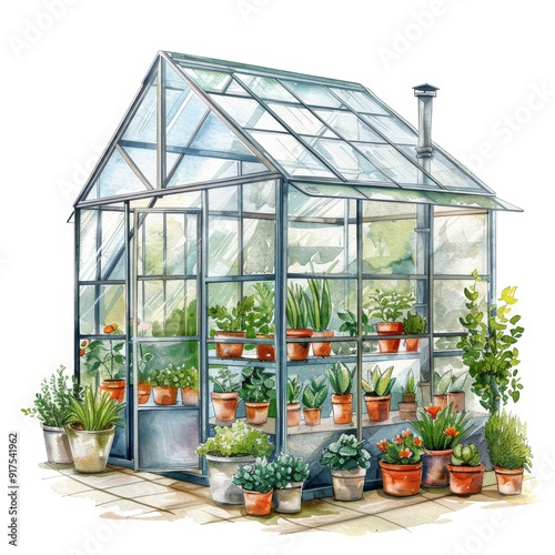 Vibrant Watercolor Clipart of Plastic Garden Greenhouse with Clear Panels on White Background