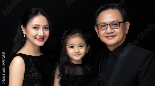 Stylish family portrait featuring a mother, father, and daughter all dressed in black outfits, posing against a dark background with warm, happy expressions